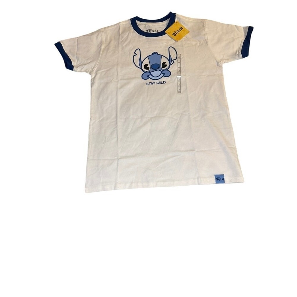 Disney Stitch Stay Wild White Blue Ringer T-Shirt Kids Medium (10/12)